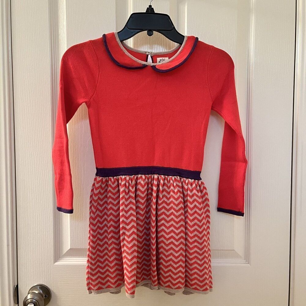 Mini Boden Long Sleeve Peter Pan Collar Sweater Dress Chevron Girls Size 5-6
